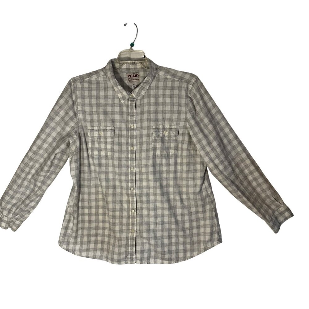 Plaid Flannel Button-Up Shirt Womens Gray & White Long Sleeve